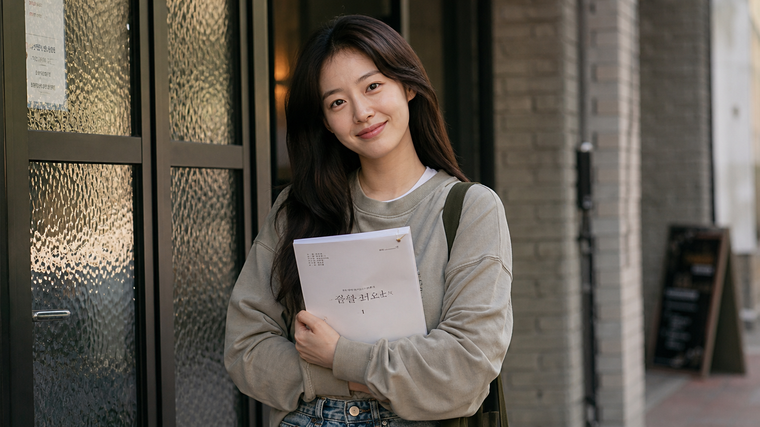 현대적인 도시 환경에서 캐주얼 패션을 입고 대본을 들고 있는 한국 여배우