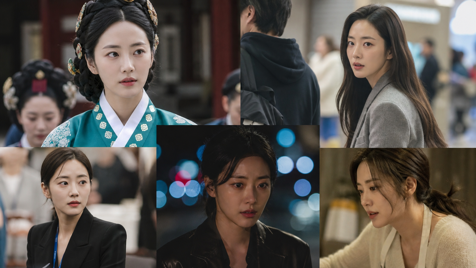 다양한 설정에서 여러 캐릭터를 연기하는 한국 여배우의 몽타주; 사극과 현대 도시 장면 포함