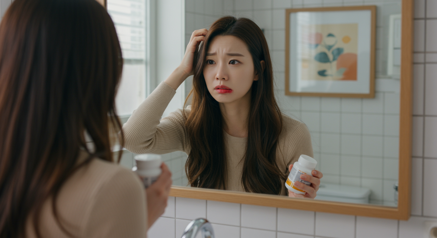 거울 앞에서 입술포진을 걱정하는 여성의 모습과 비타민 보충제