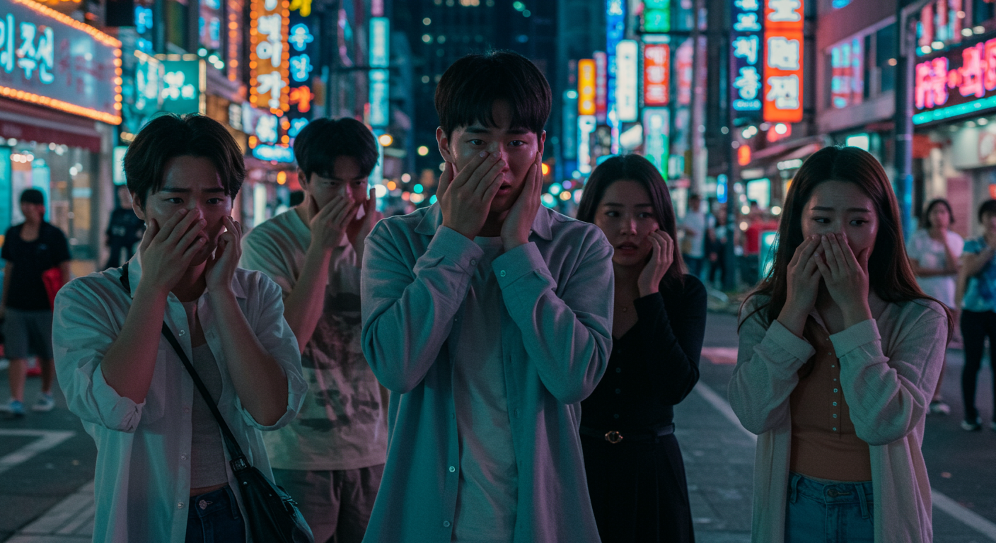 도시 환경에서 젊은 성인들이 피부 증상을 걱정스럽게 살피는 모습