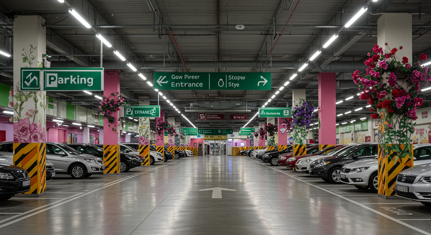 넓은 실내 주차 공간에 다양한 크기의 차량들이 정렬되어 있는 모습