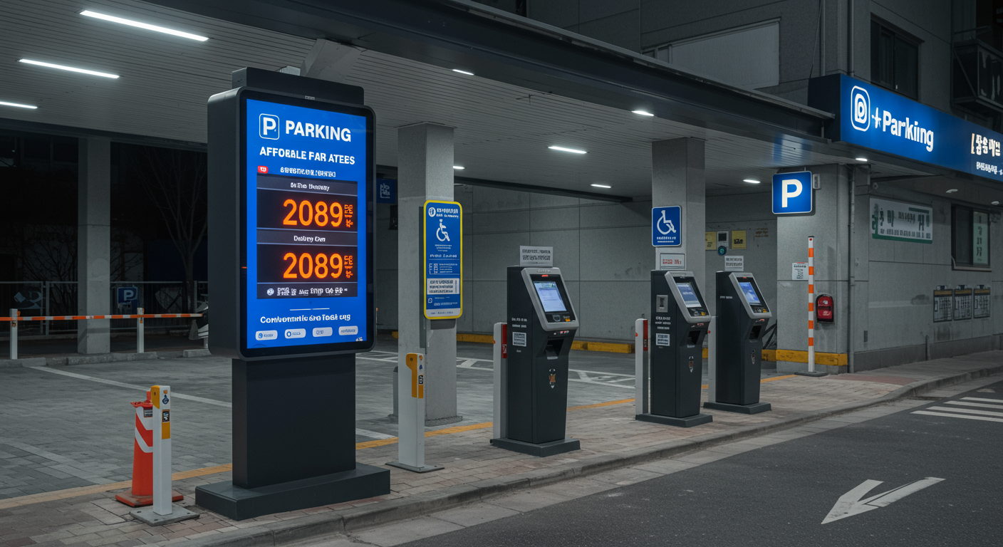 서울의 현대적 주차장에서 디지털로 표시된 합리적인 요금제 시스템