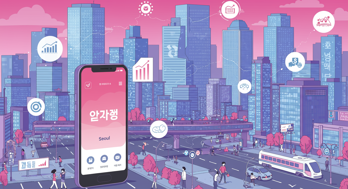 서울시민의 스마트폰에 보이는 서울사랑상품권 앱과 경제적 이익을 나타내는 현대적인 도시 풍경