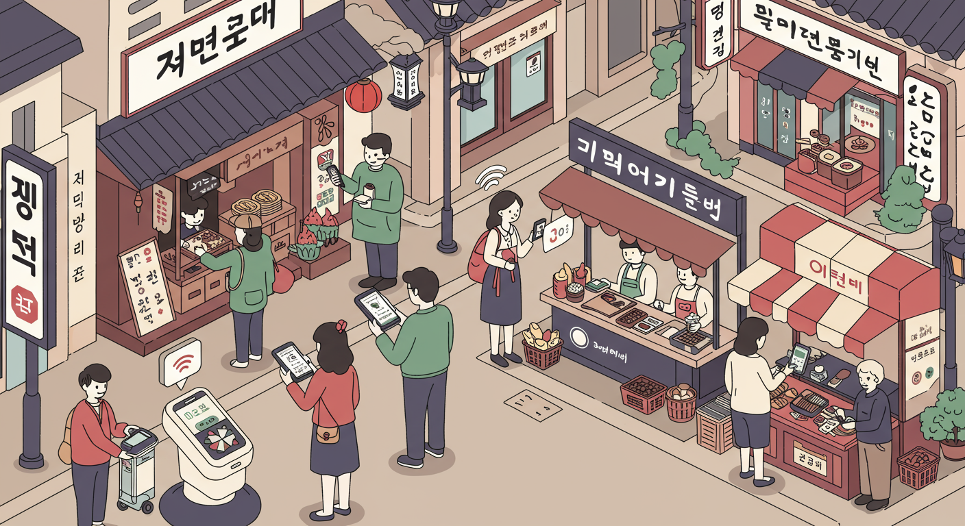 다양한 한국인이 스마트폰으로 소상공인 매장에서 결제하는 모습