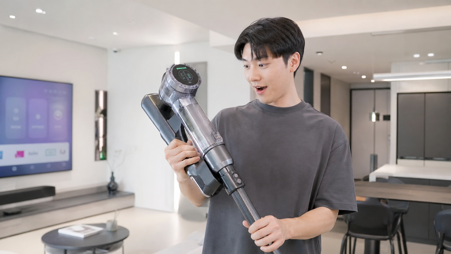 현대적인 아파트에서 첨단 진공청소기를 들고 있는 기술 애호가