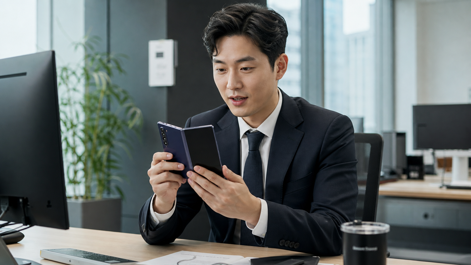 현대적인 사무실에서 폴더블 스마트폰을 살펴보는 한국 직장인의 모습