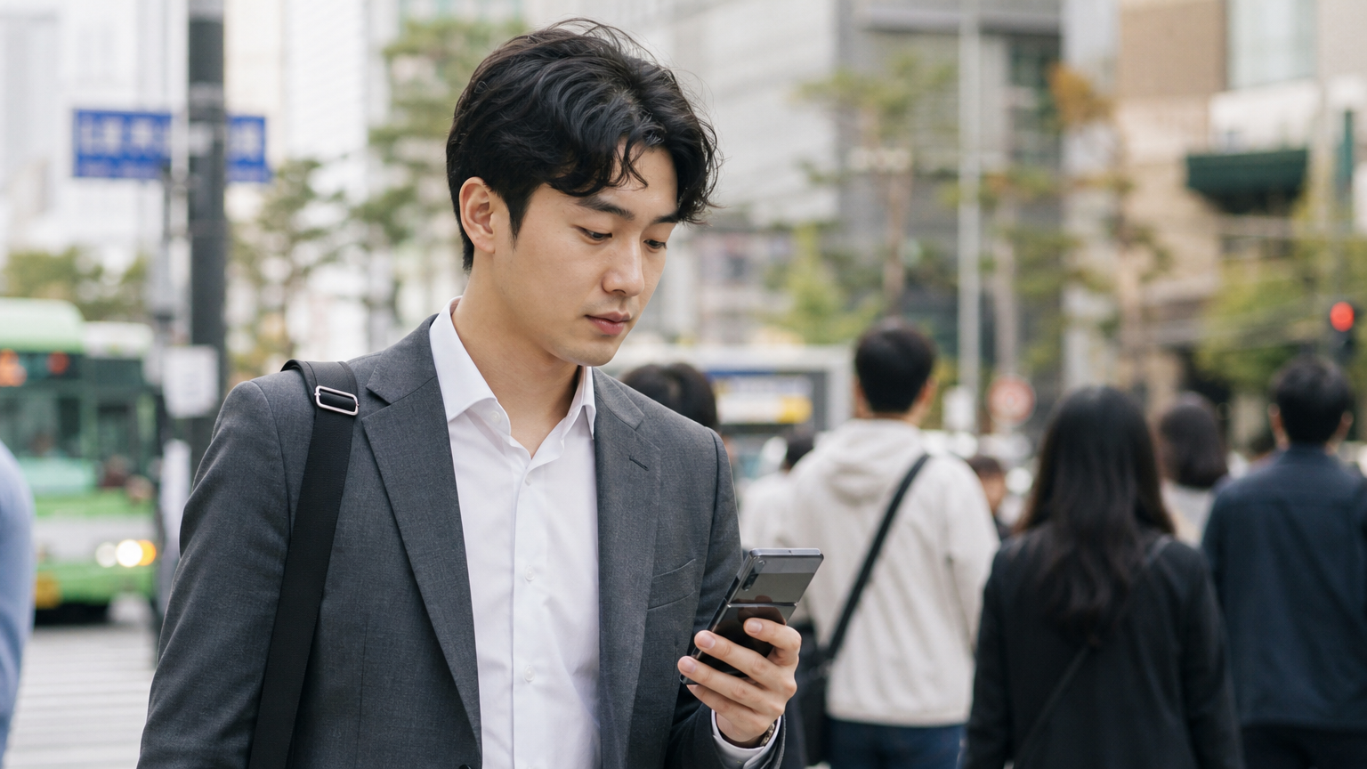 북적이는 도시 거리에서 한 손에 컴팩트한 폴더블폰을 들고 있는 한국 통근자의 모습