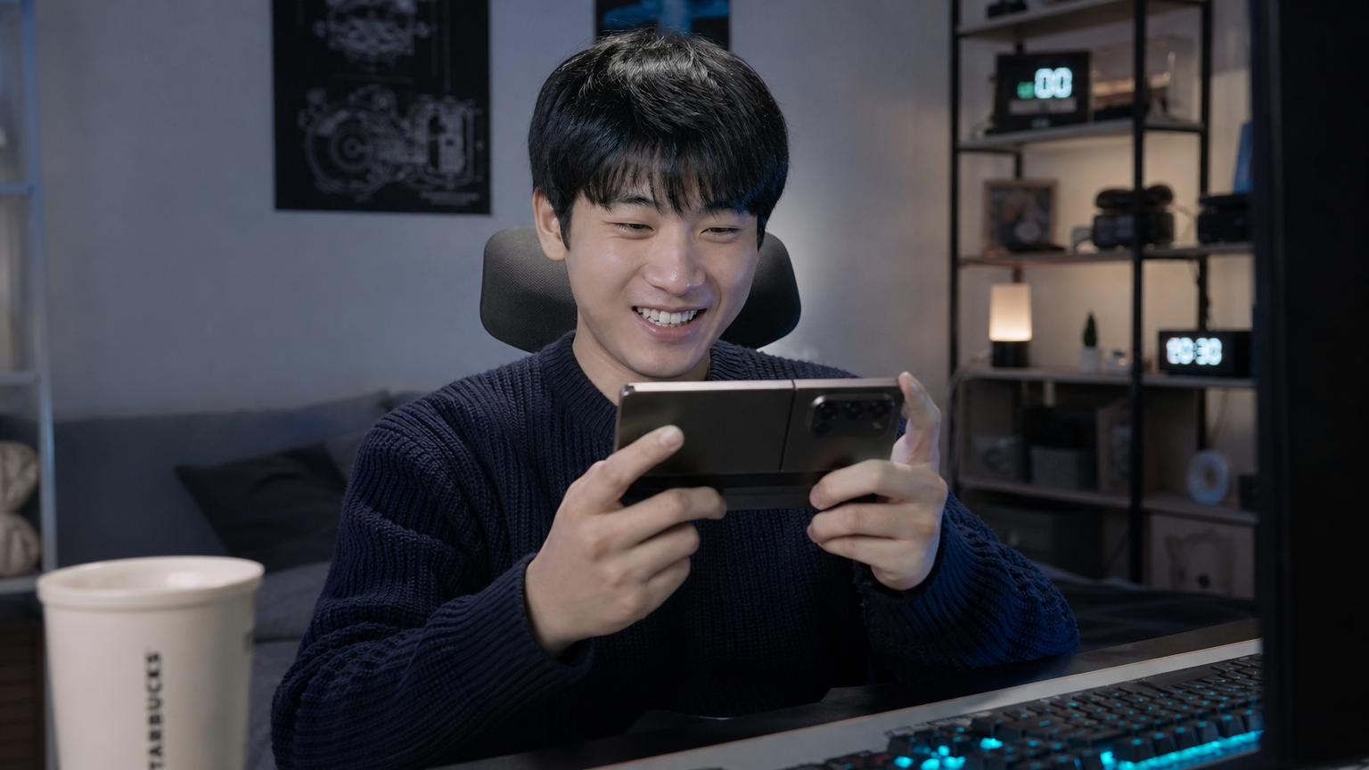 집에서 고사양 게임을 즐기는 한국 게이머와 생생한 그래픽이 구현된 폴더블 스마트폰 화면