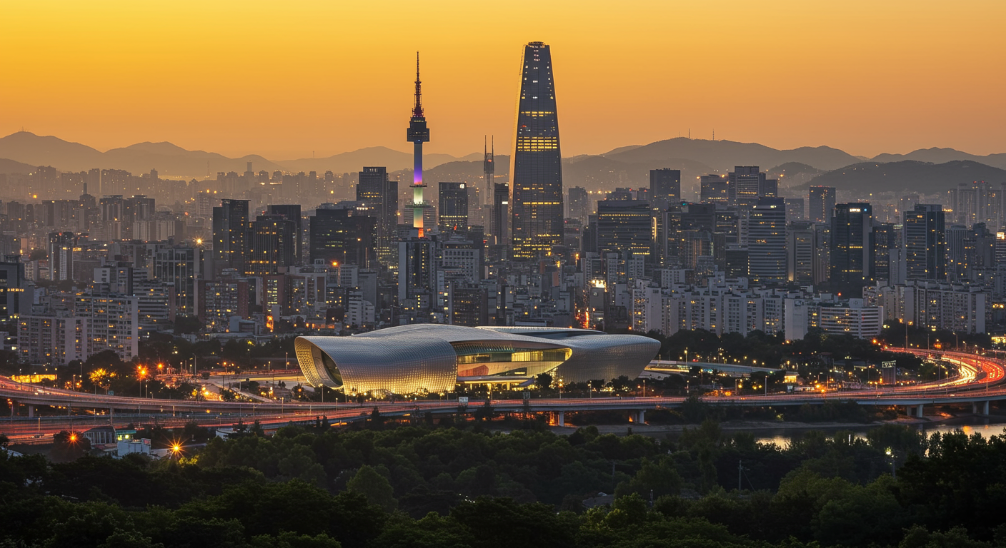 서울의 현대적인 도시 풍경과 평화로운 분위기, 비핵화 정책 상징
