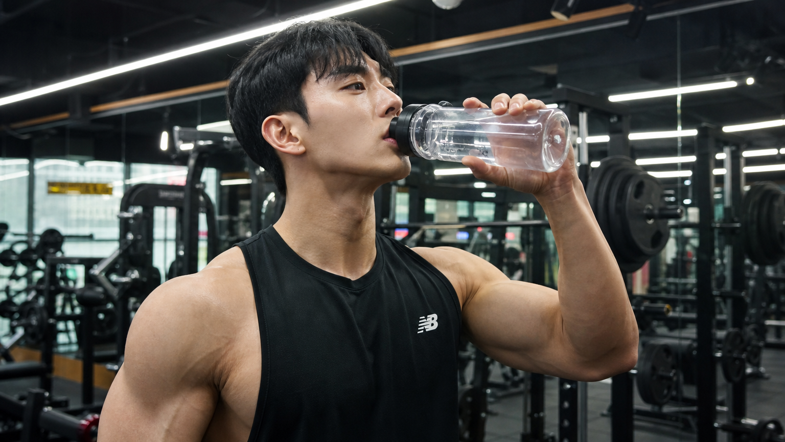 헬스장에서 운동하며 물을 마시는 남자의 모습