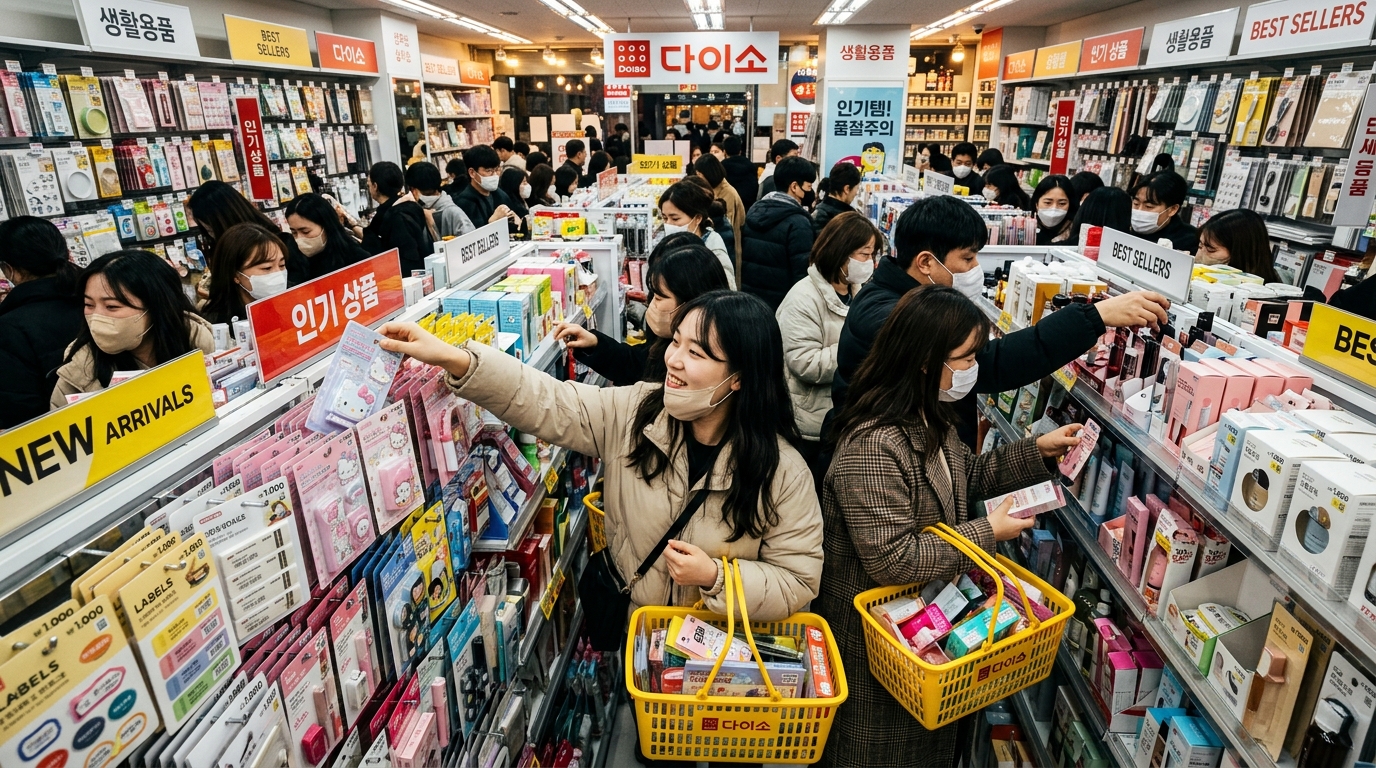 북적이는 매장에서 인기 있는 다이소 제품을 구매하는 바쁜 한국 쇼핑객들