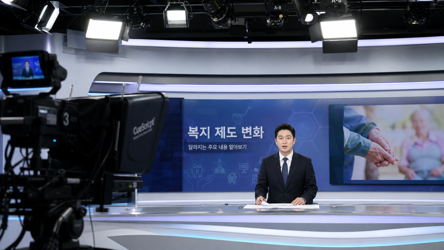 뉴스 앵커가 스튜디오에서 복지 제도 변화를 방송하는 장면