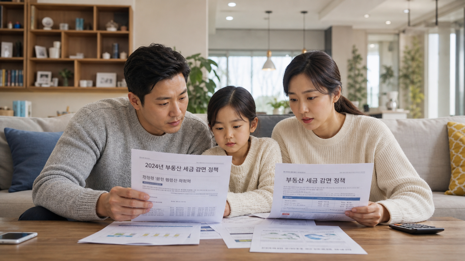 가정에서 세금 관련 서류를 검토 중인 한국 가족