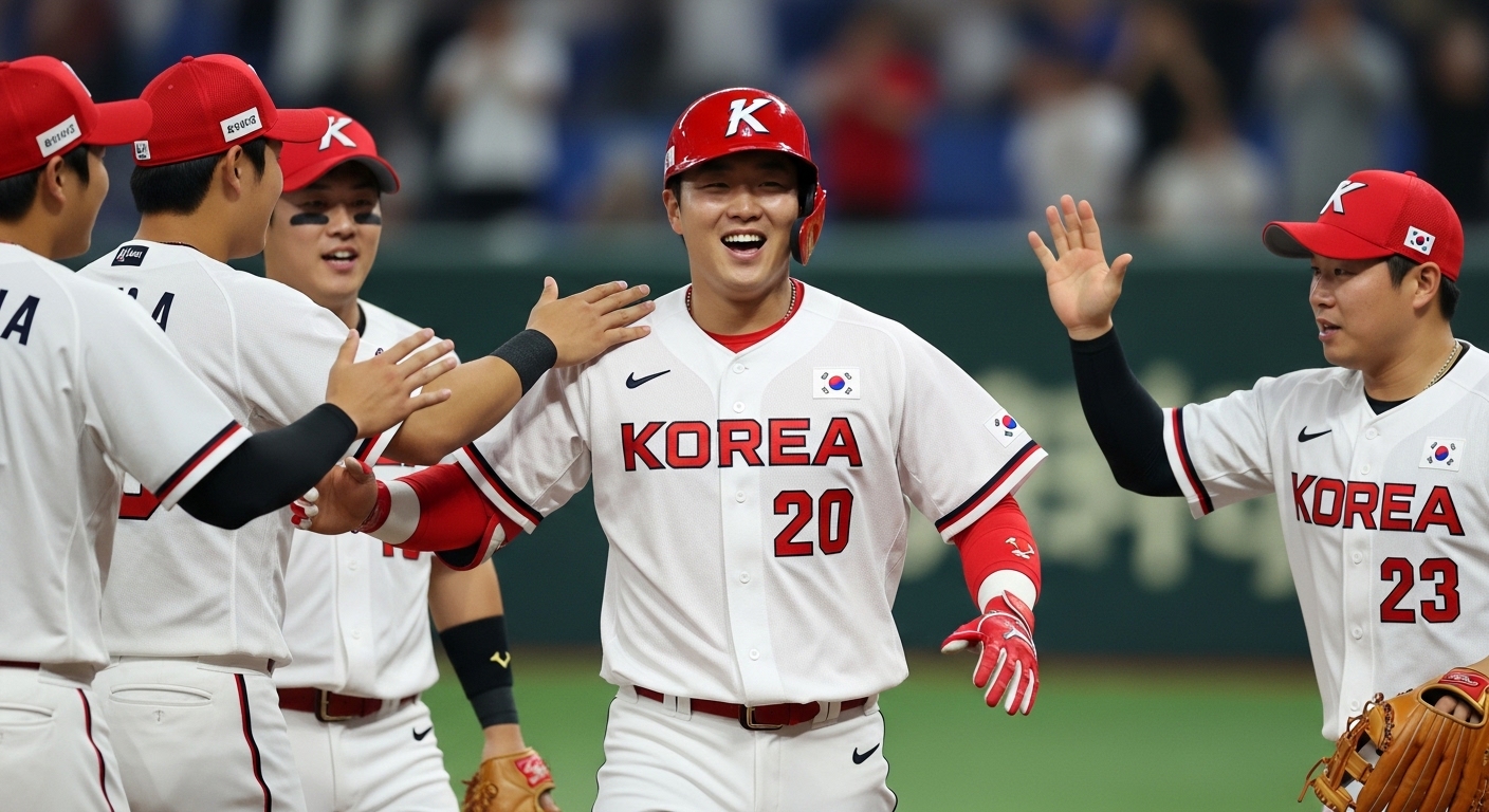 국제 경기 중 득점을 올리고 동료들과 기뻐하는 모습