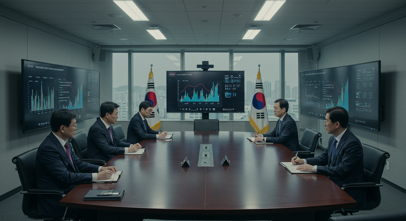 남북 관계 완화를 위한 경제 및 문화 교류 데이터를 검토하는 현대적인 한국 사무실의 모습