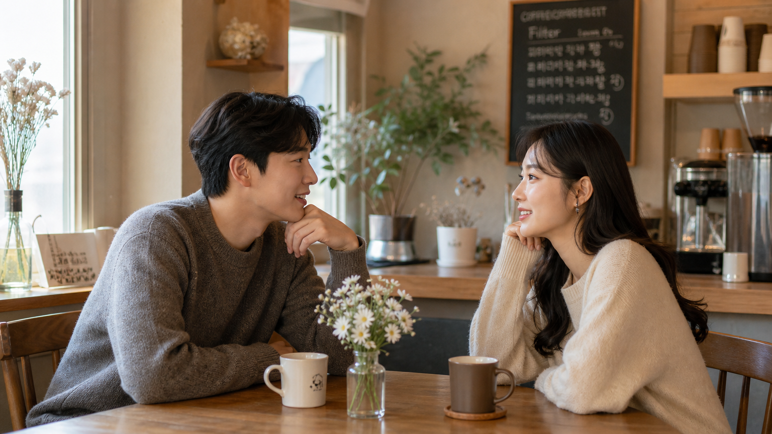 카페에서 따뜻하게 대화를 나누는 한국인 커플