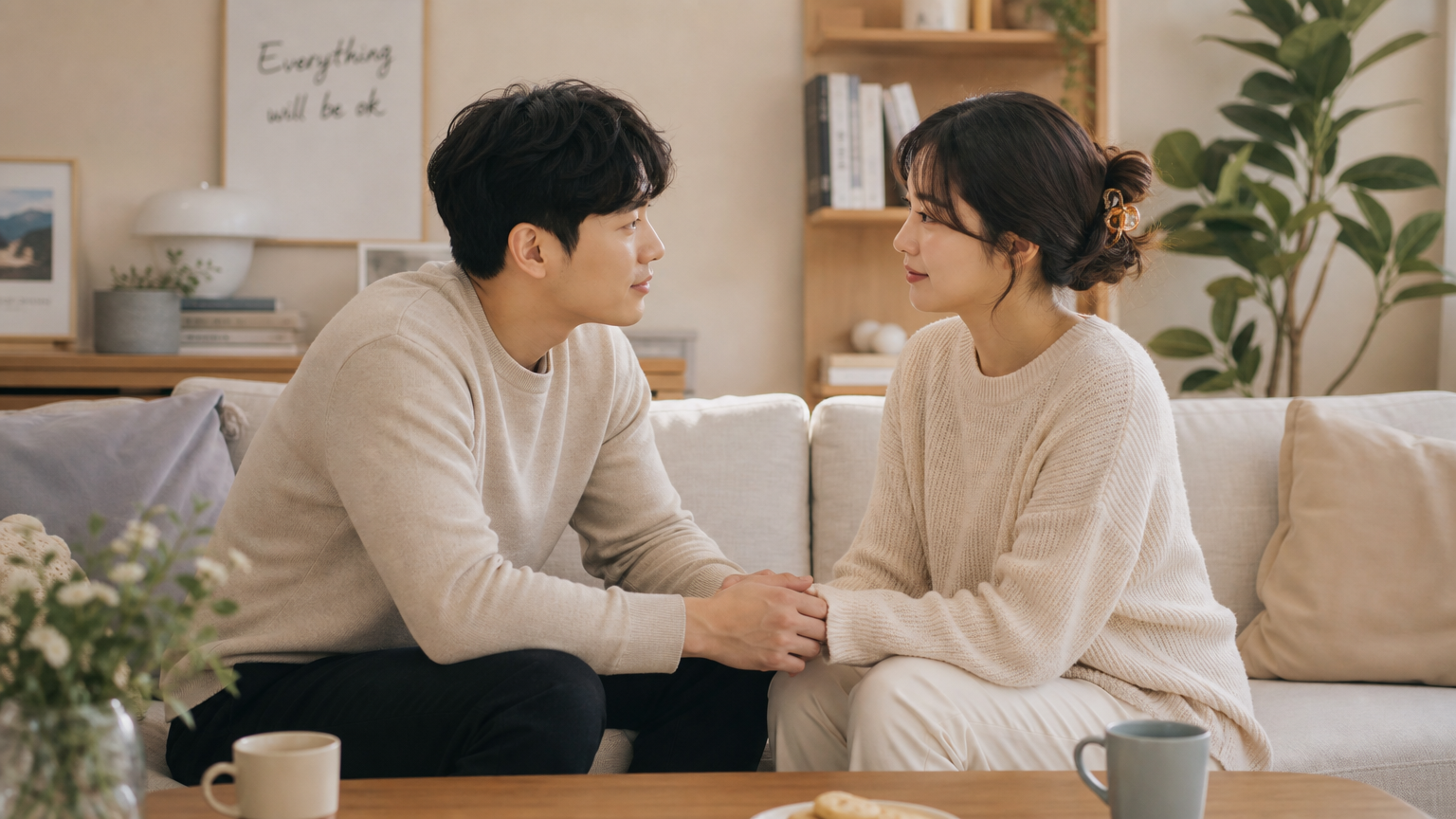거실에서 갈등을 해결하려는 한국인 커플