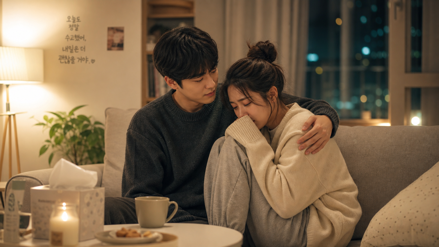 어려운 하루를 보내는 배우자를 위로하는 한국인 부부