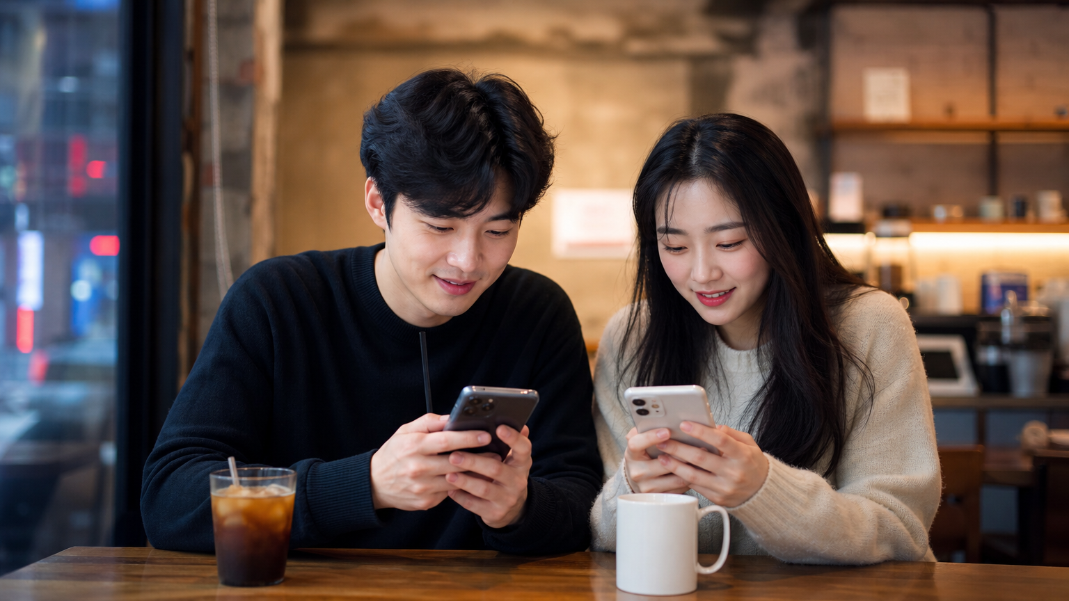 현대적인 카페에서 스마트폰으로 웹툰을 읽고 있는 남녀