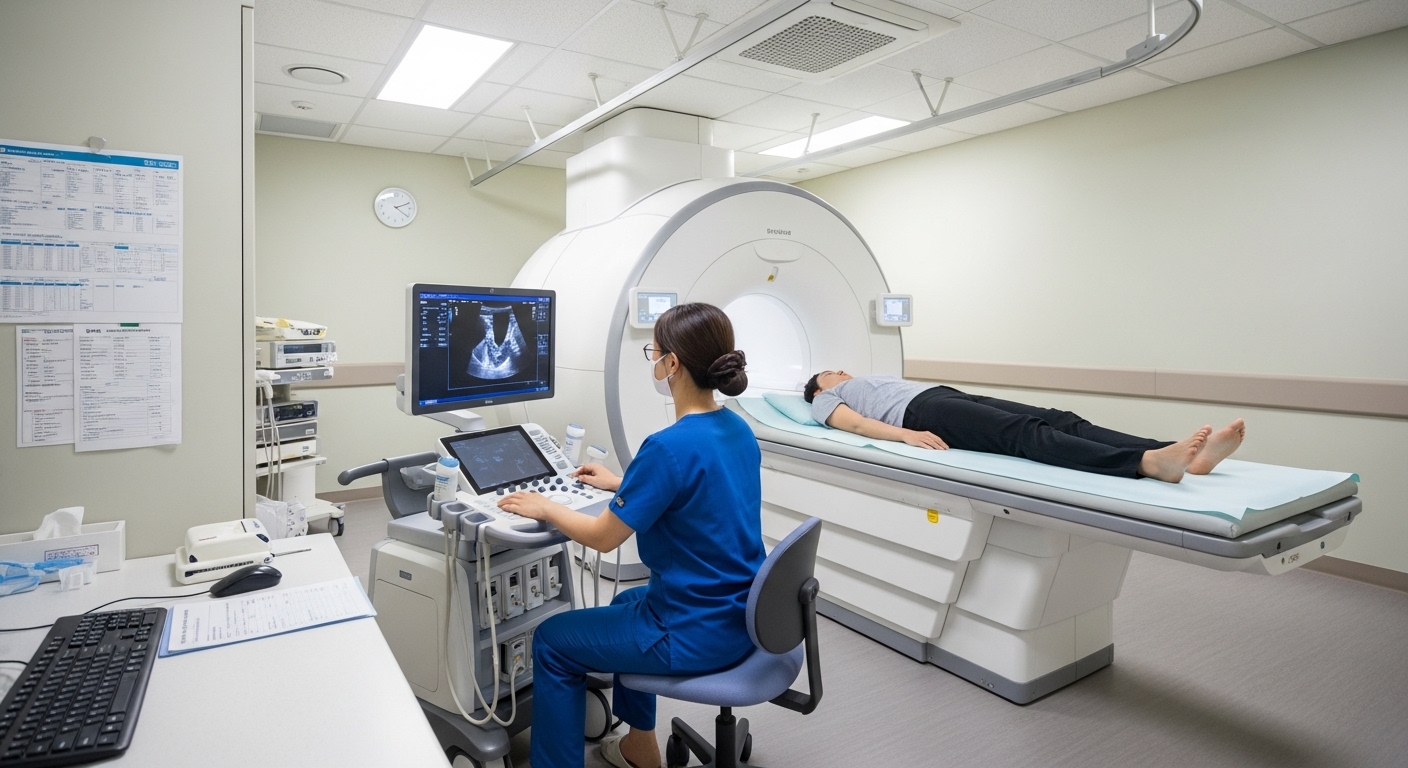 최첨단 초음파와 MRI 기계로 발을 검사하는 진단실