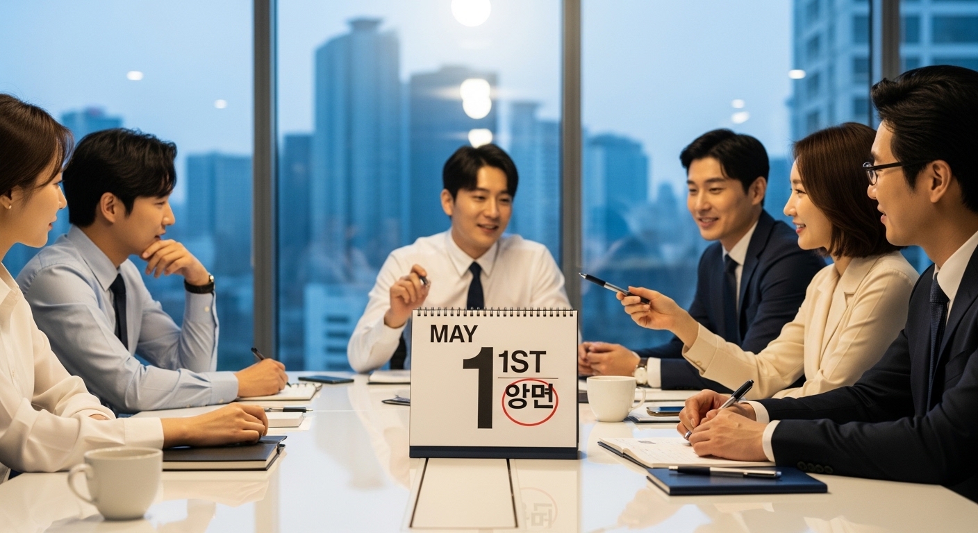 현대적인 사무실에서 근로자의 날 휴일 여부를 논의하는 직장인들