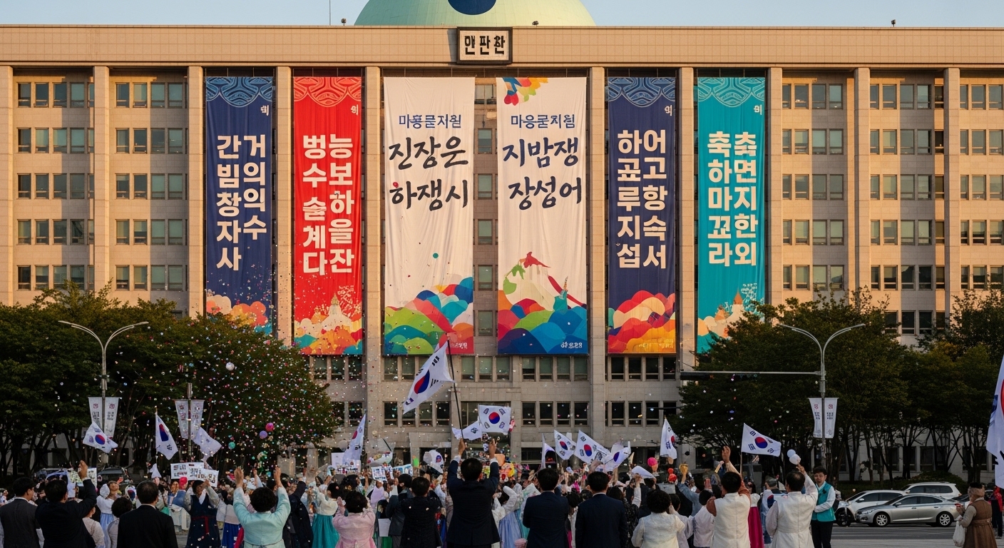 노동절 명칭 변경을 알리는 정부 건물 외관과 축하하는 사람들
