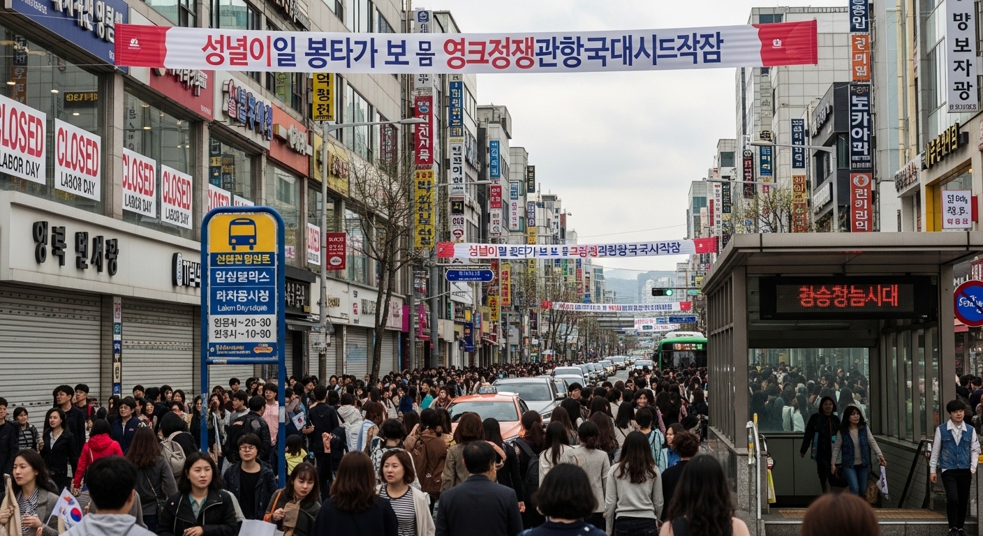 서울 거리에서 가게가 닫히고 대중교통 운행 표시판에 노동절을 알리는 모습