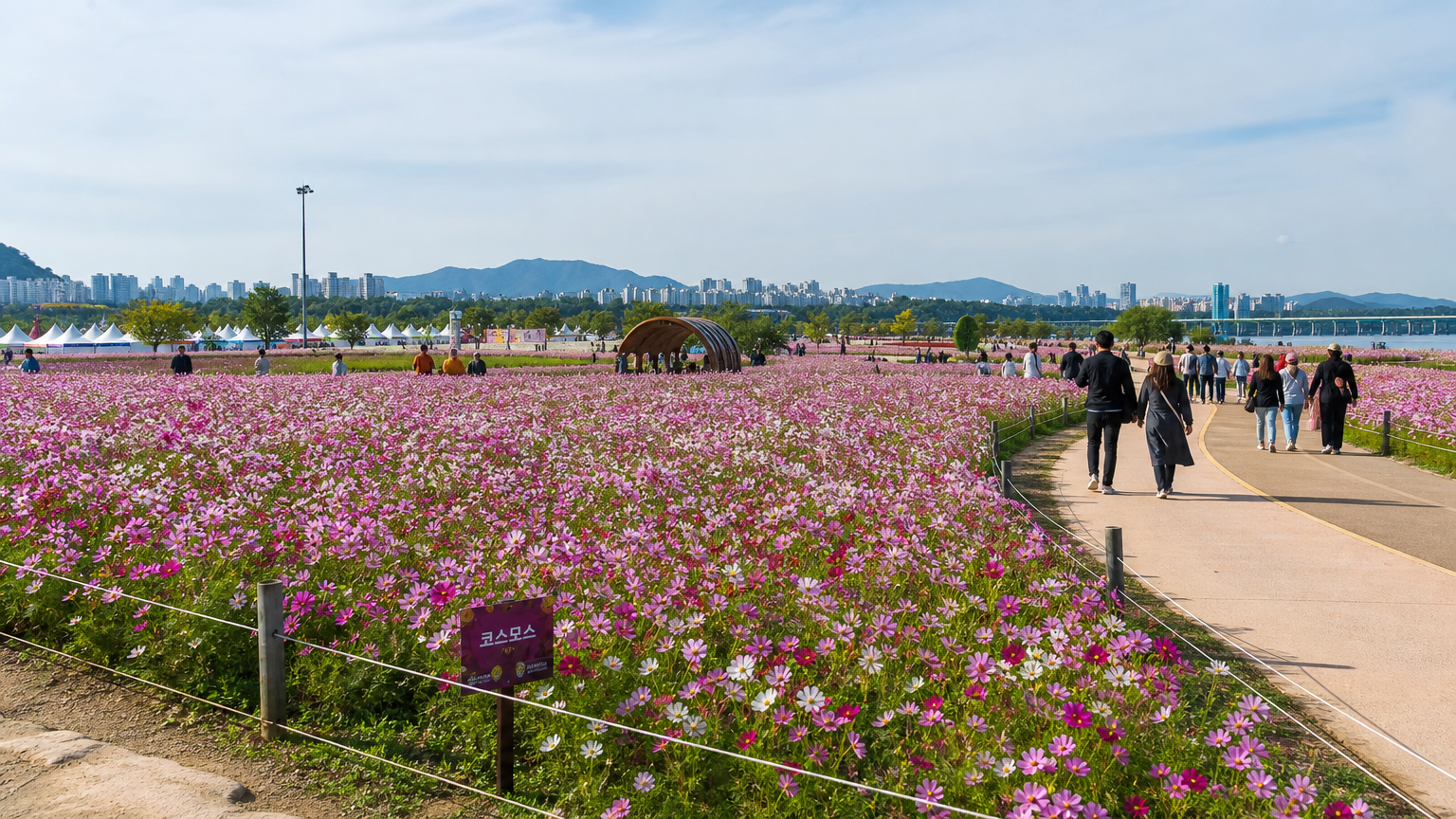 경기도 구리 한강 시민공원에서 준비 중인 활기찬 가을 축제와 산책로를 걷는 사람들