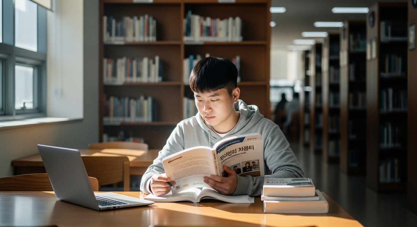 도서관에서 자격증 시험을 준비 중인 현대 학생의 집중된 모습