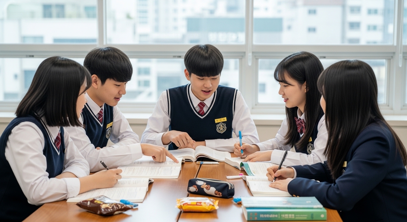 교재를 펼쳐놓고 시험 과목 선택에 대해 토론하는 학생들