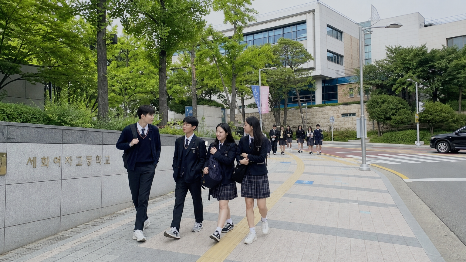 유명 학교로 등교하는 학생들이 있는 반포 지역의 거리 풍경