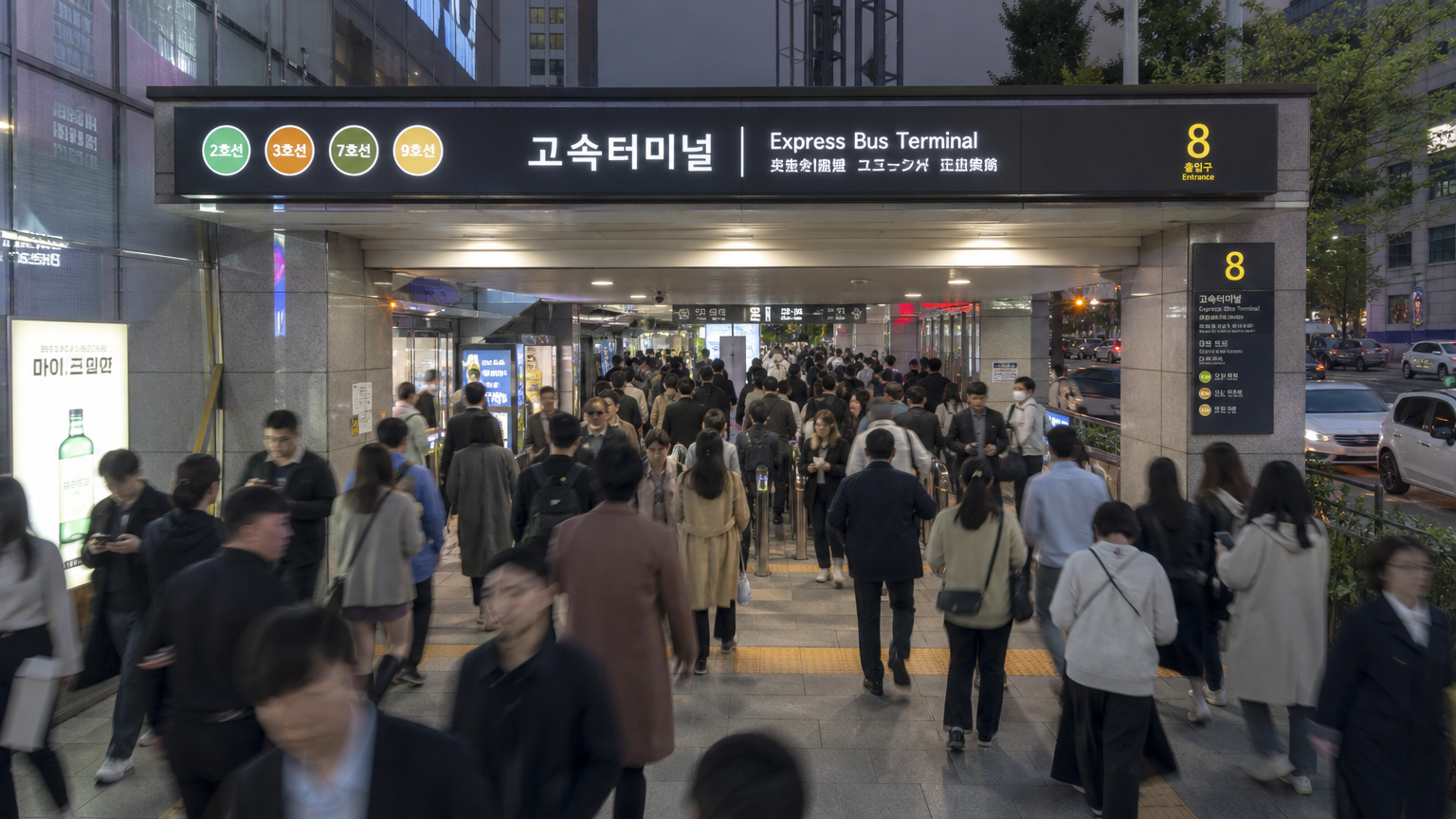바쁜 출근 시간에 사람들로 붐비는 반포 지하철역 내부 모습