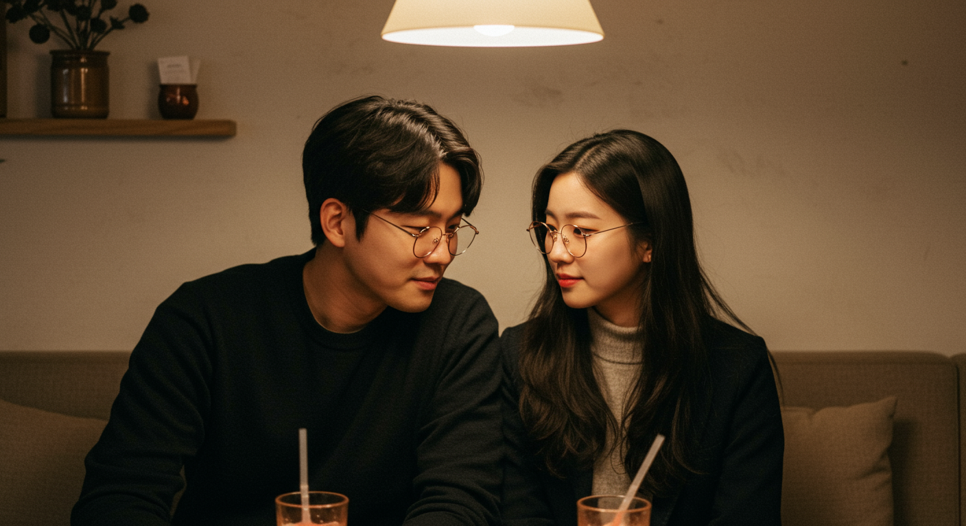 카페에서 핑크빛 안경을 쓴 한국 커플이 대화를 나누고 있는 장면