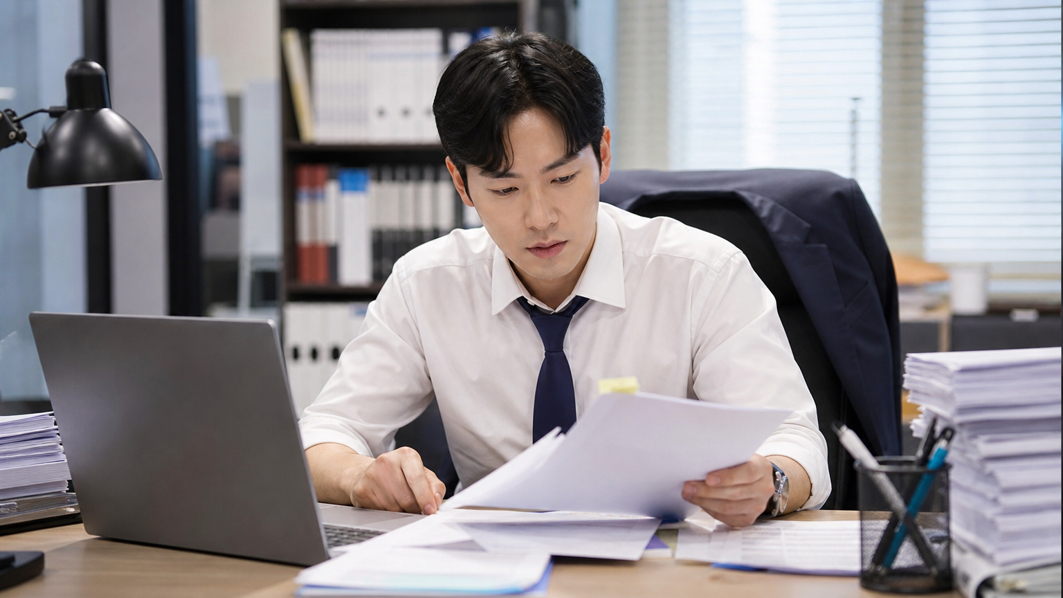 사무실 책상에서 중요한 서류를 검토하는 한국 직장인의 모습