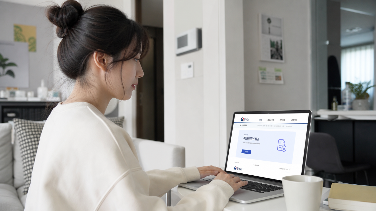 집에서 노트북으로 정부 온라인 서비스를 이용하여 문서를 발급받는 젊은 여성