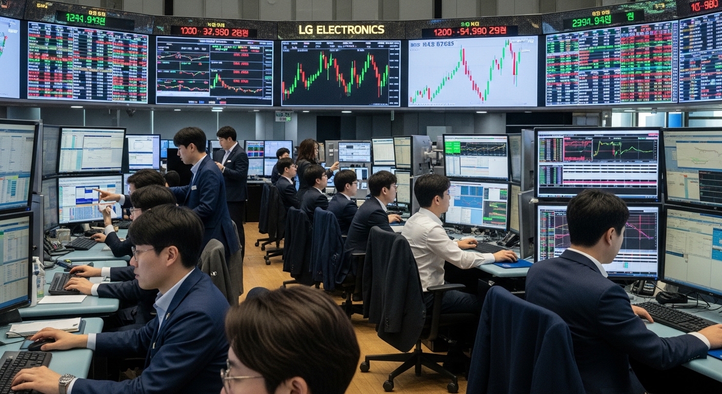 현대 한국의 주식 시장에서 투자자들이 LG전자의 주가 변동을 분석하는 모습