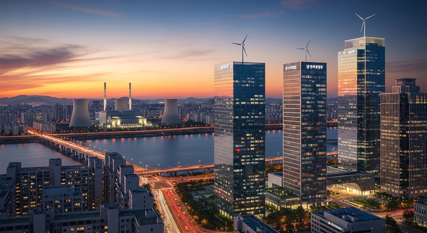 서울의 현대적인 도심 스카이라인과 금융 지구의 모습, 신재생에너지와 원자력 산업 성장 강조