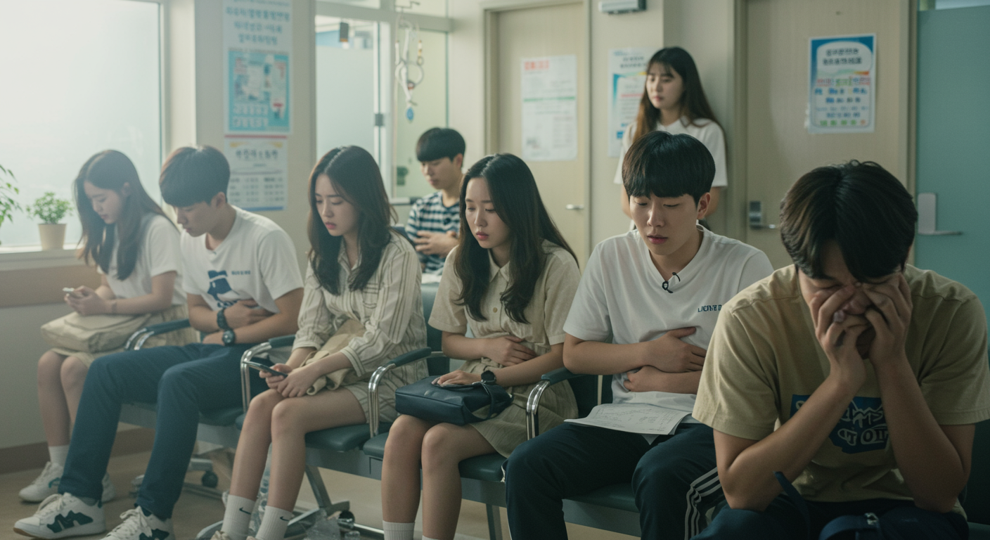 젊은 사람들이 병원 대기실에서 불안해하거나 복통을 호소하는 모습