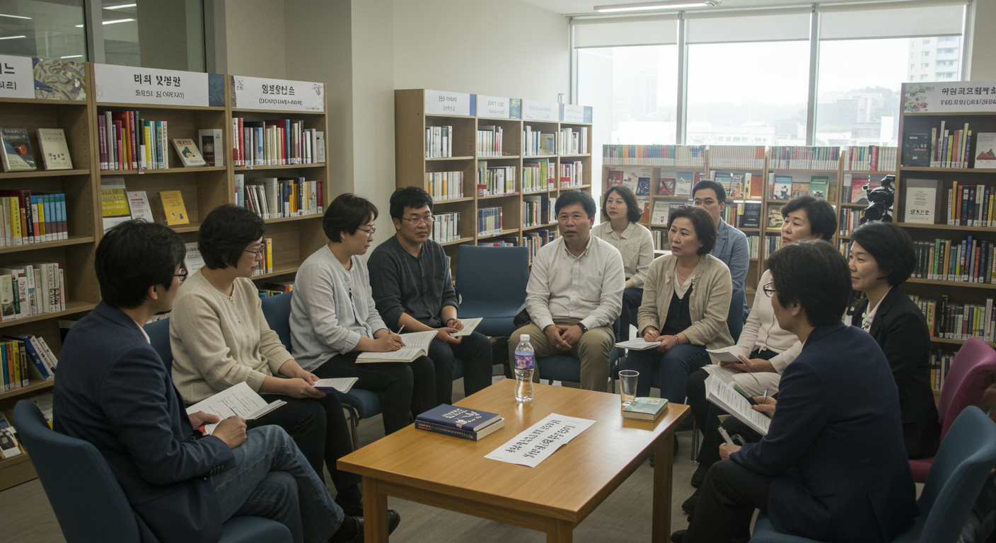 현대 도서관에서 다양한 연령대의 작가와 독자들이 문학 창작의 본질에 대해 토론하는 모습