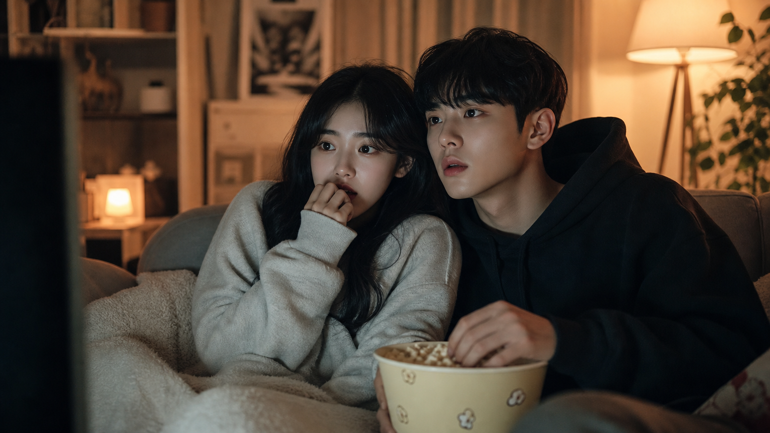 젊은 커플이 집에서 공포 영화를 보는 모습
