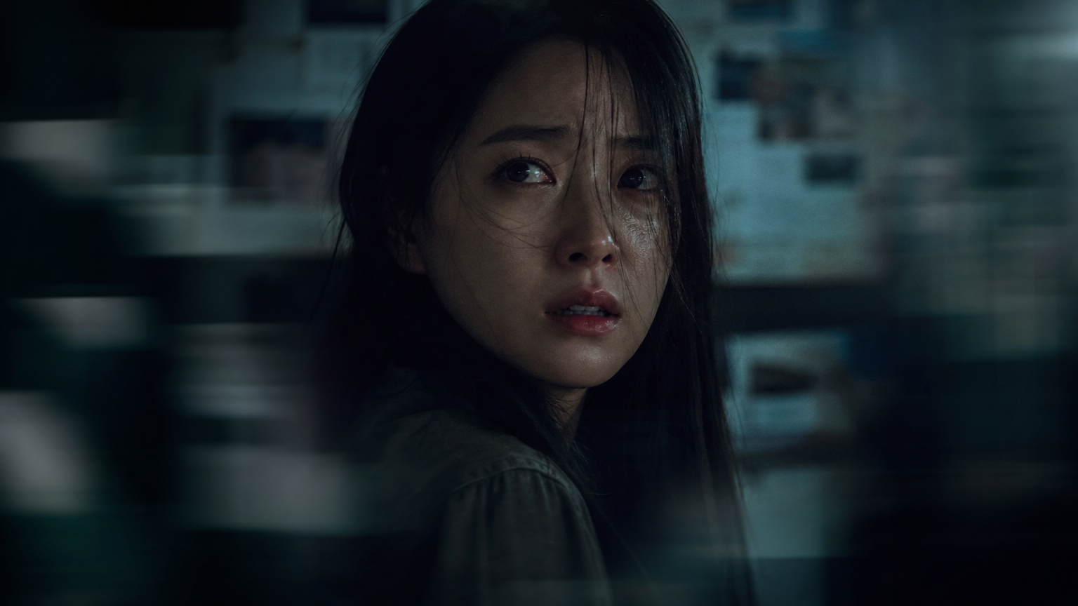 흐릿한 시야 효과가 들어간 한국 여배우의 긴장된 표정 연기 장면