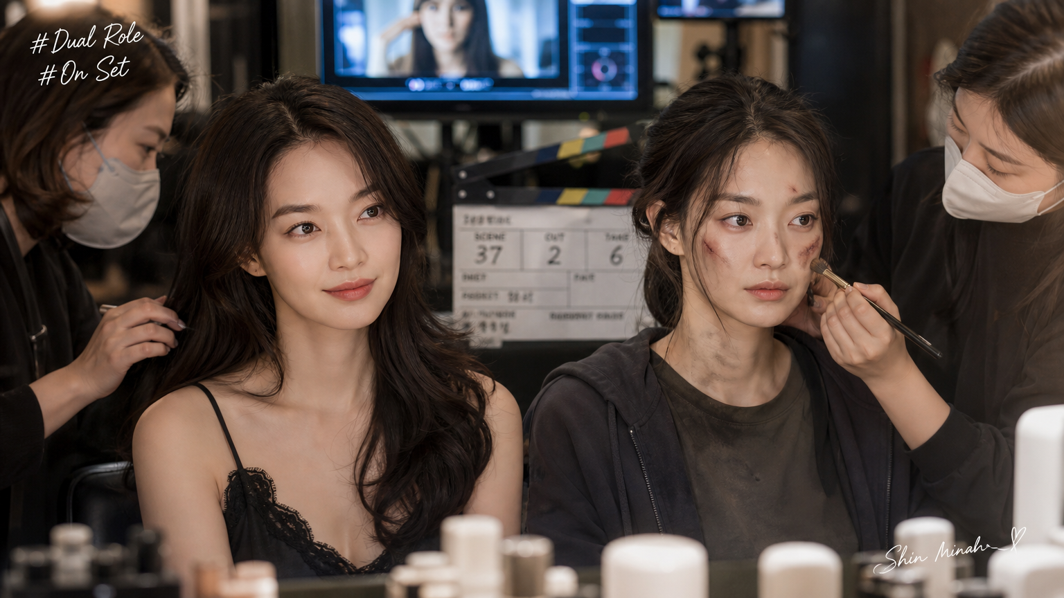 두 가지 역할을 소화하는 신민아 배우가 메이크업을 받는 모습