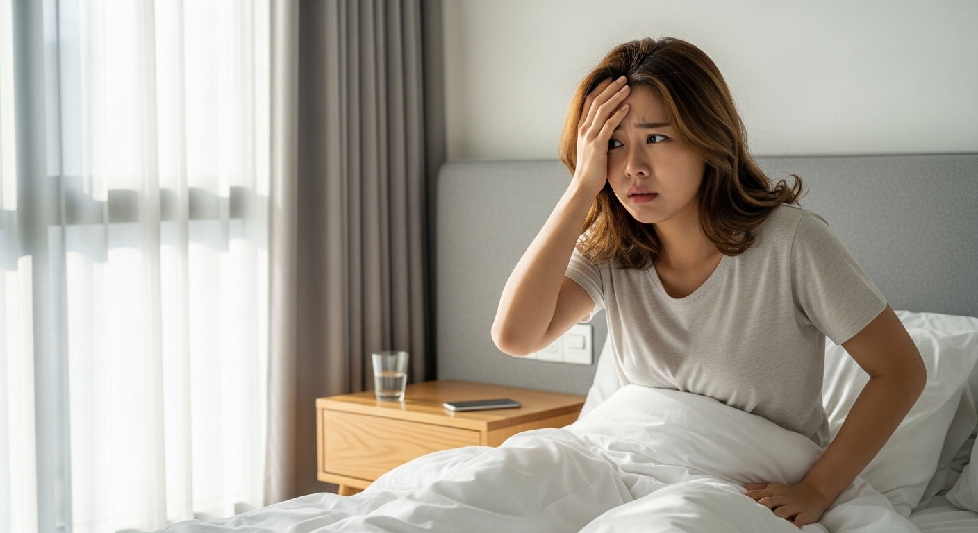 아침에 갑작스러운 어지럼증을 느끼는 여성