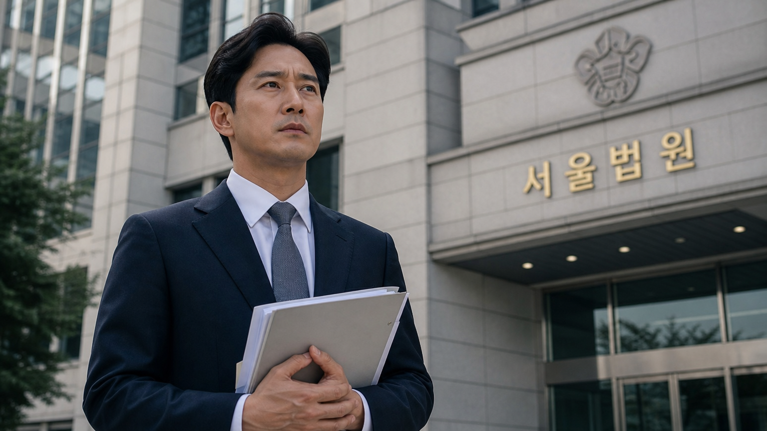 법원 밖에서 서류를 들고 미래를 고민하는 한국 남성