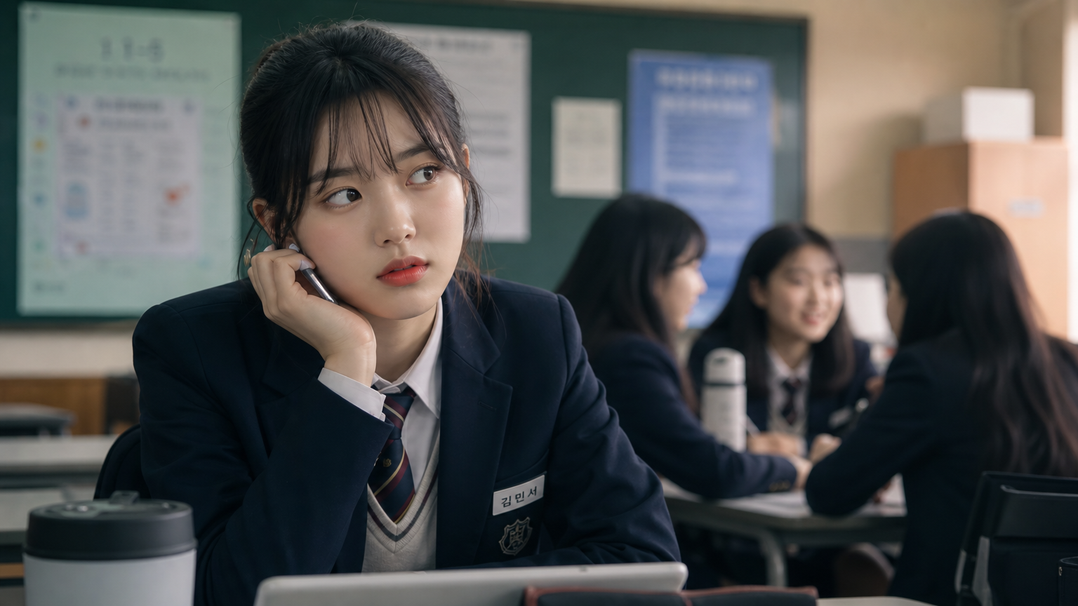 현대적인 교실에서 다른 사람의 이야기를 듣고 있는 호기심 많은 십대 학생