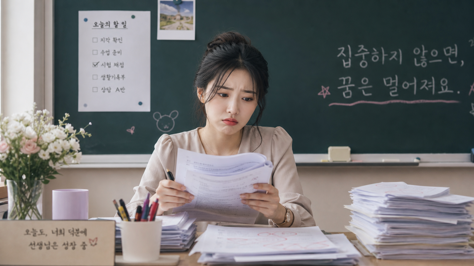 고등학교 교실에서 학생 과제를 보고 실망하는 한국인 선생님