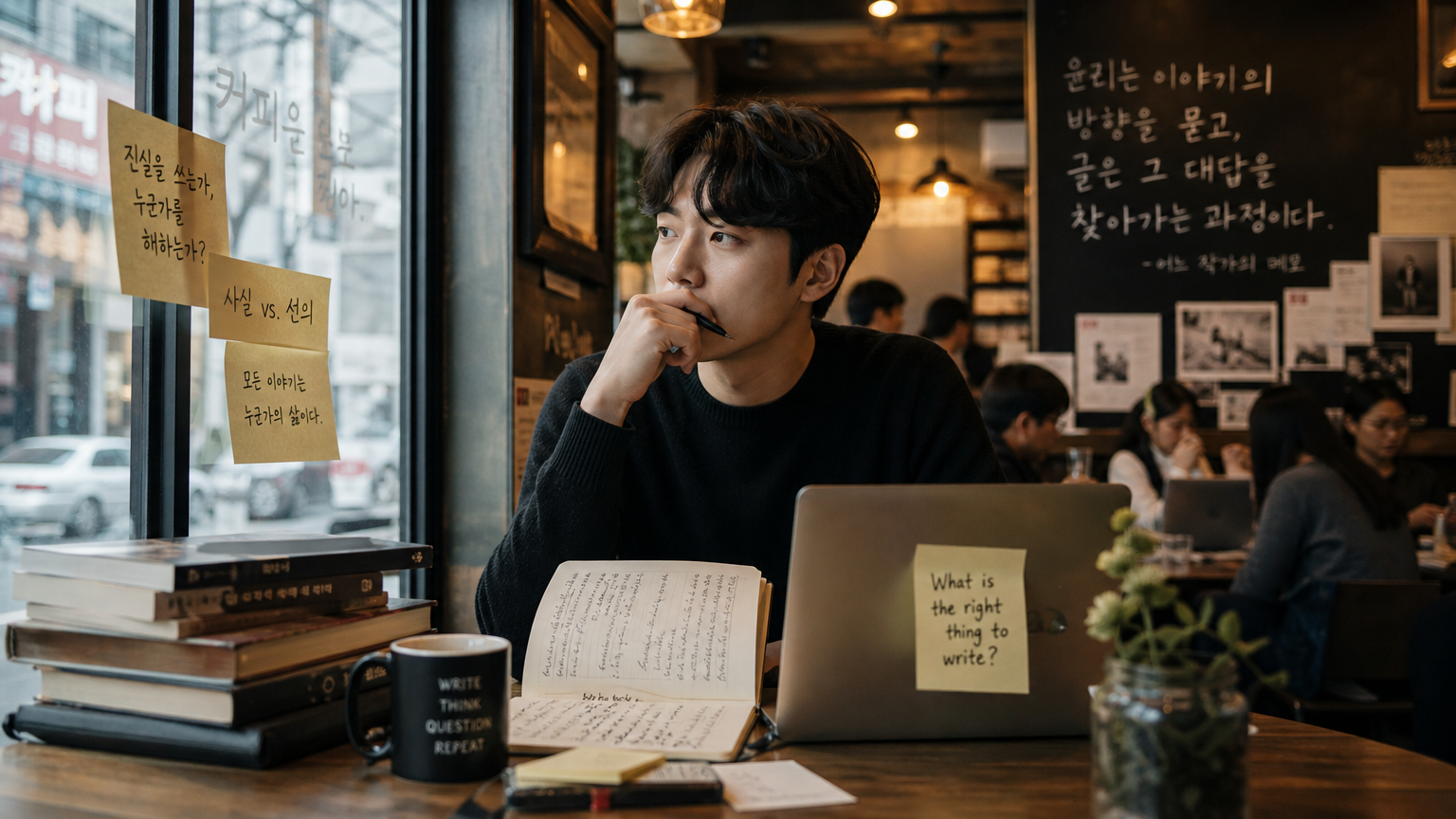 카페에서 글쓰며 윤리적 딜레마를 고민하는 젊은 한국 작가