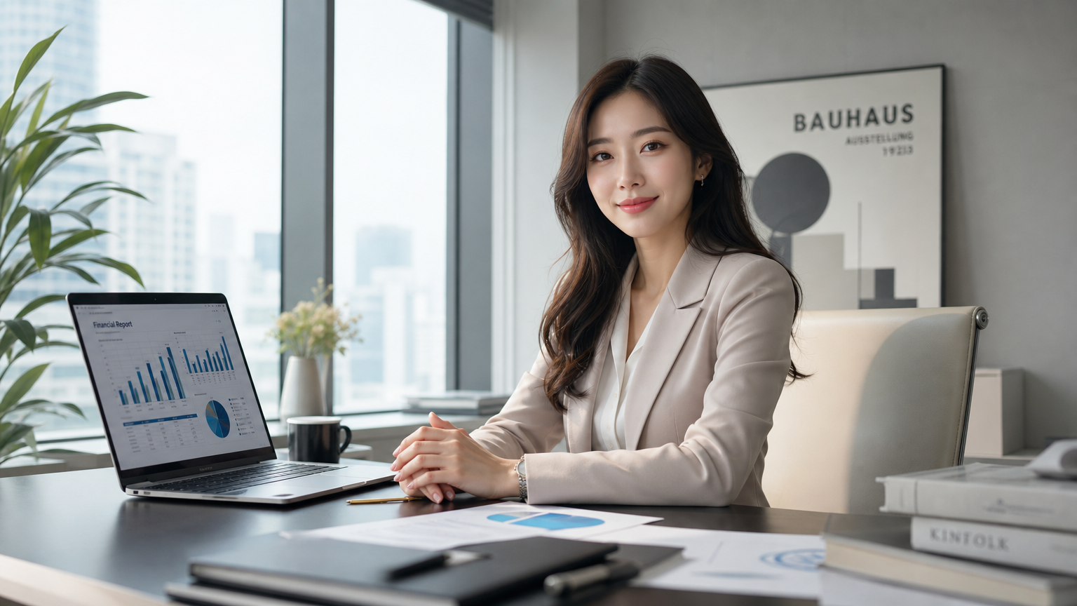 현대적인 사무실에서 노트북으로 보고서를 검토하는 한국 여성