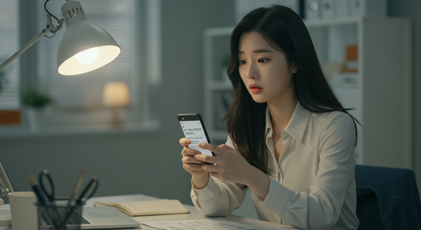 책상에 앉아 개인정보 변동에 대한 SMS 알림을 읽으며 의아해하는 한국 여성