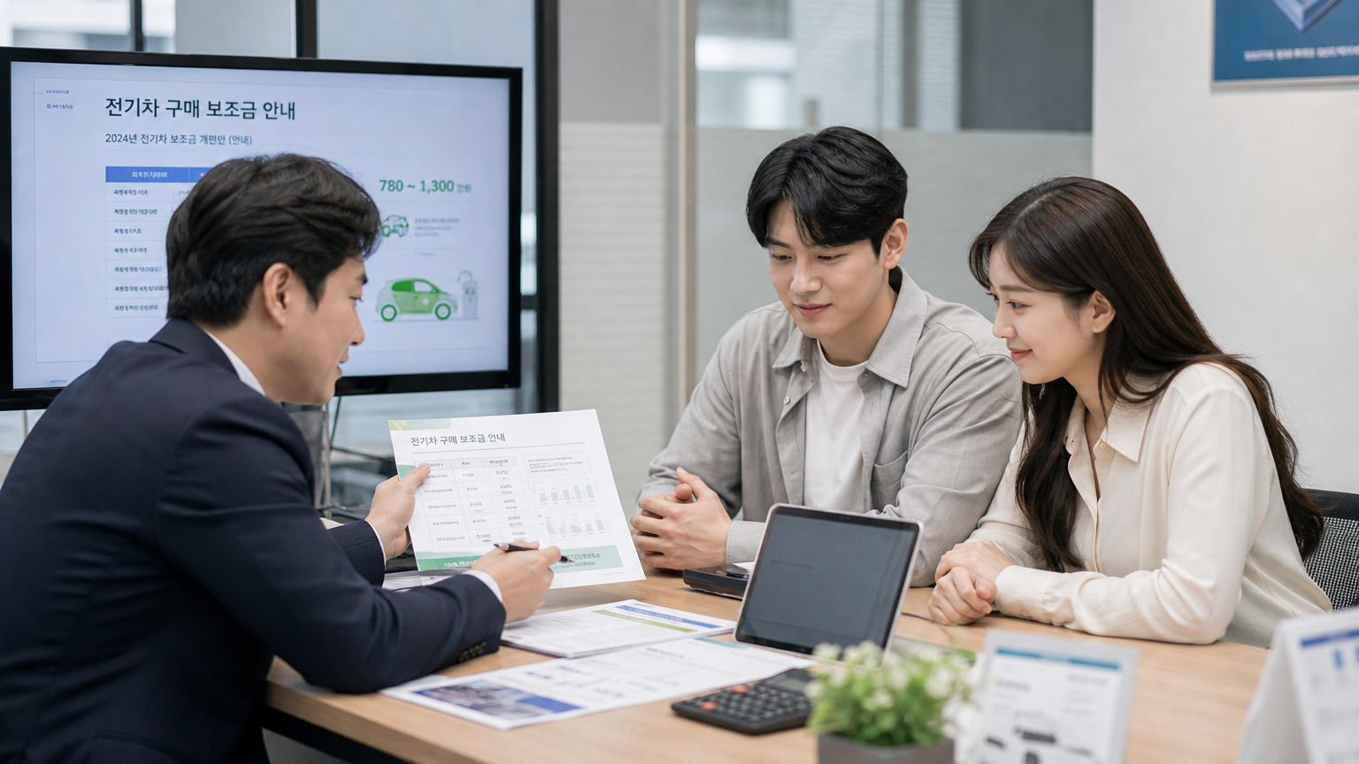사무실에서 전기차 보조금을 설명받는 젊은 커플